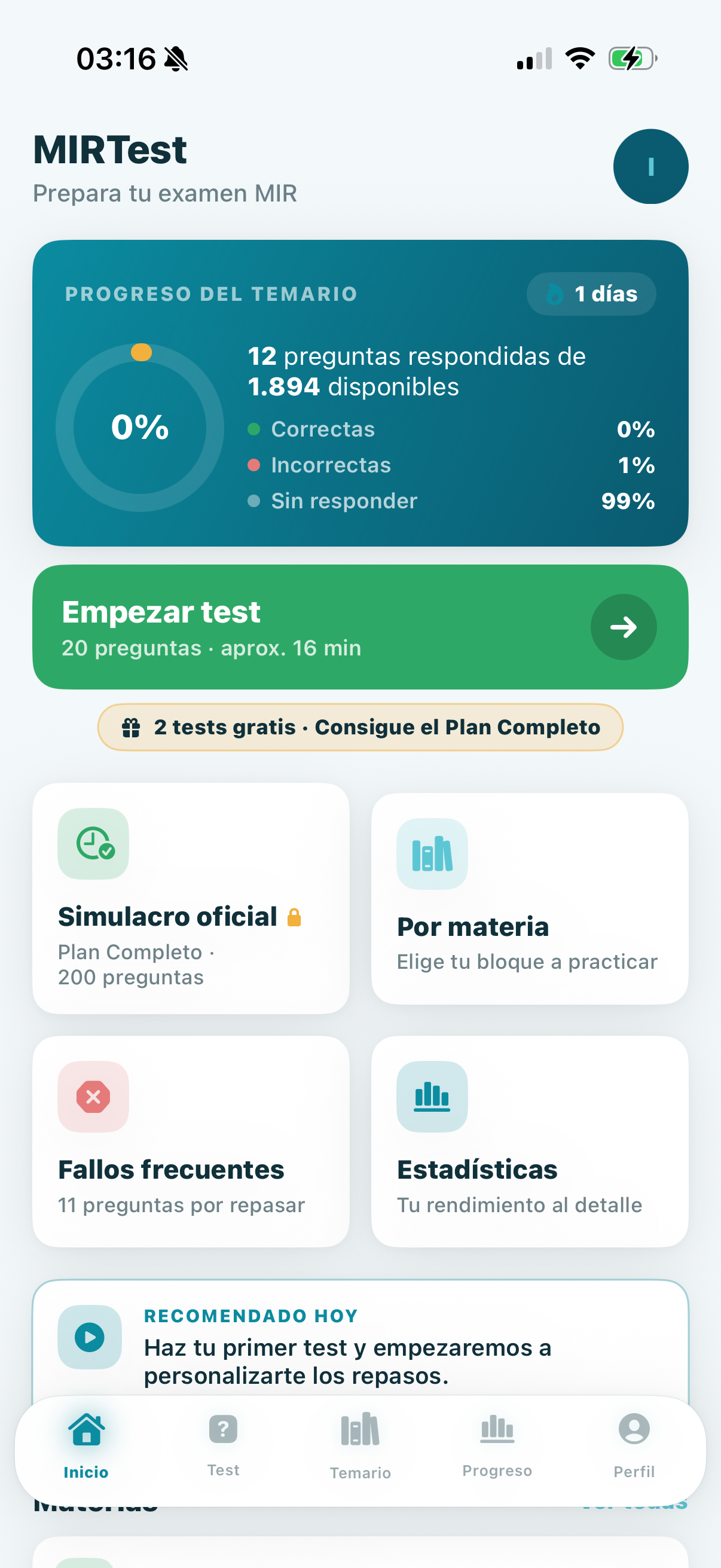 Pantalla de inicio de MIRTest con el progreso del temario