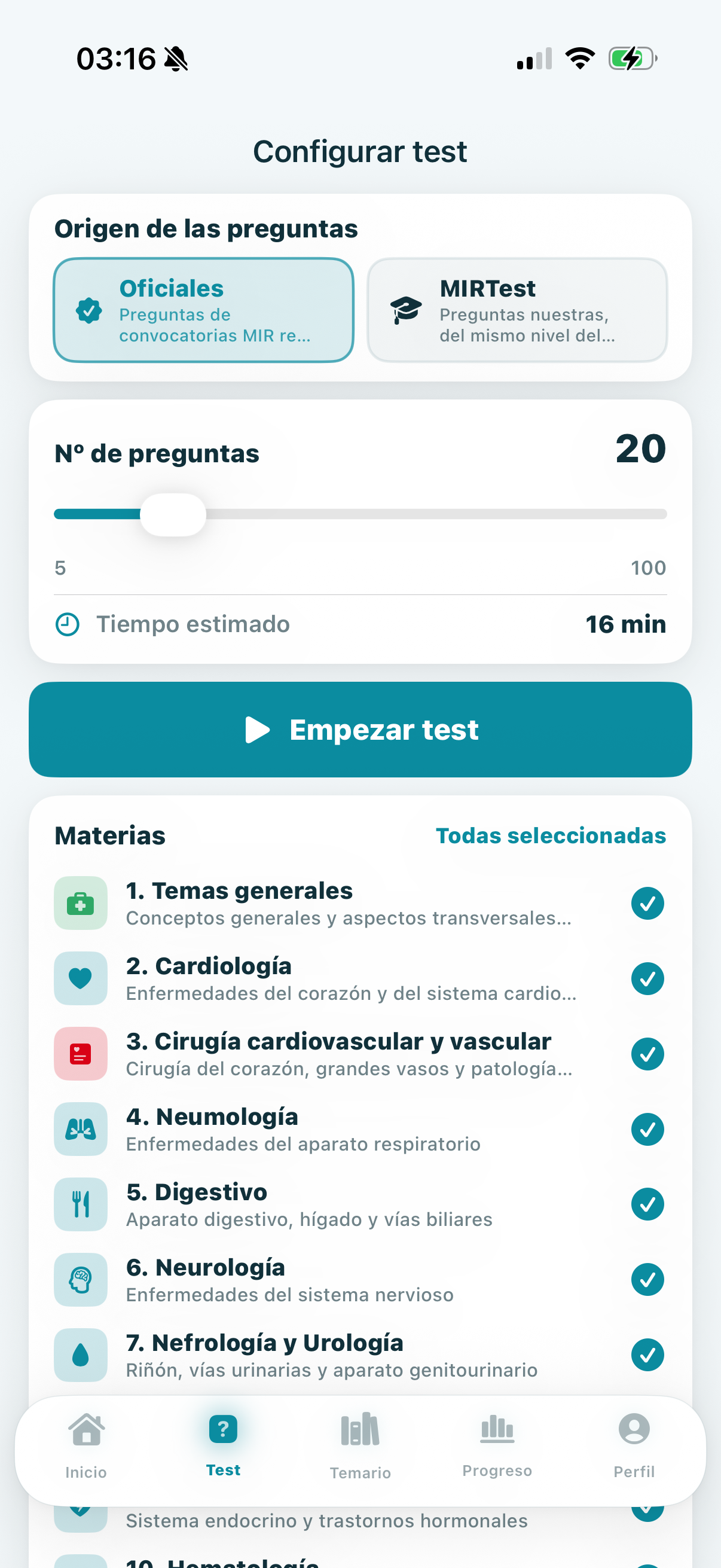 Configurar un test eligiendo materias