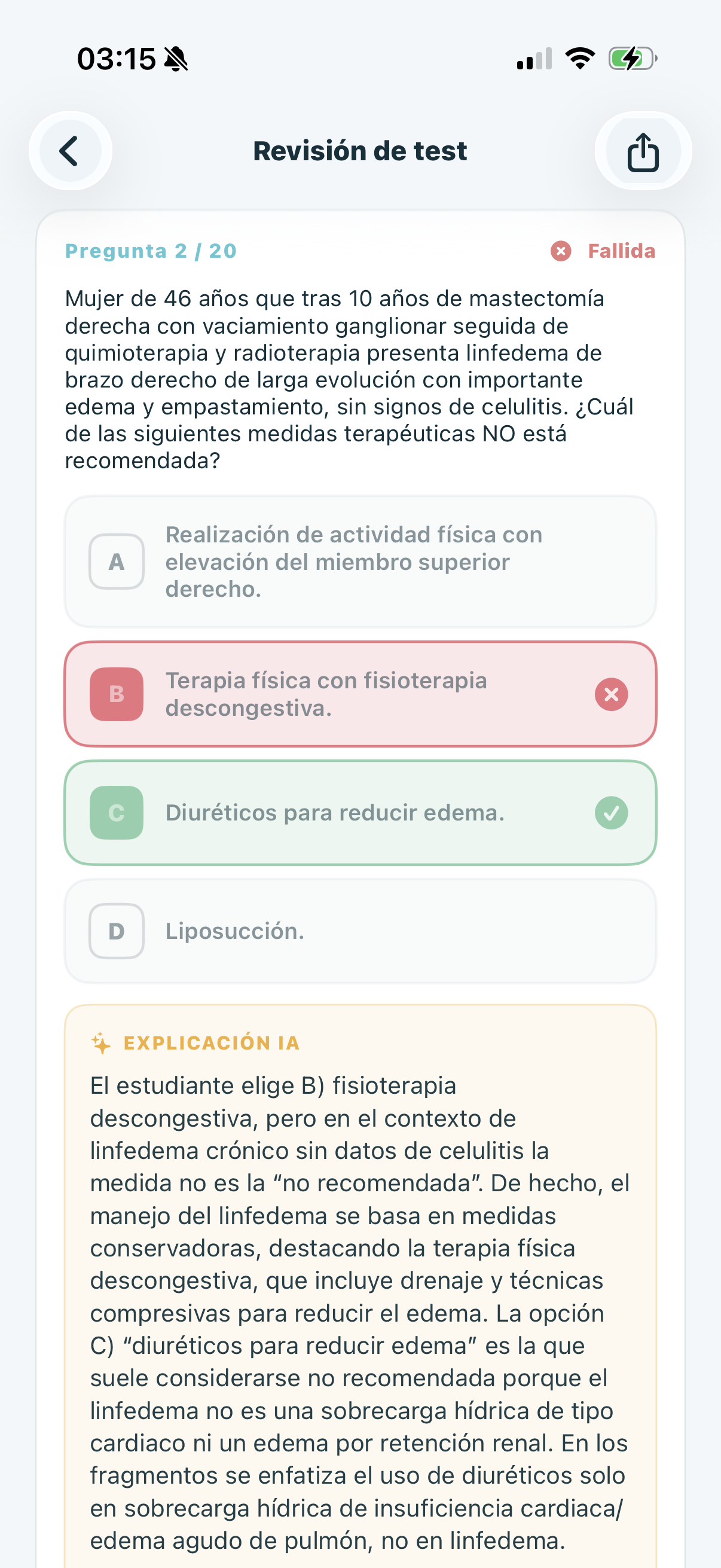 Revisión de test con la explicación de la IA