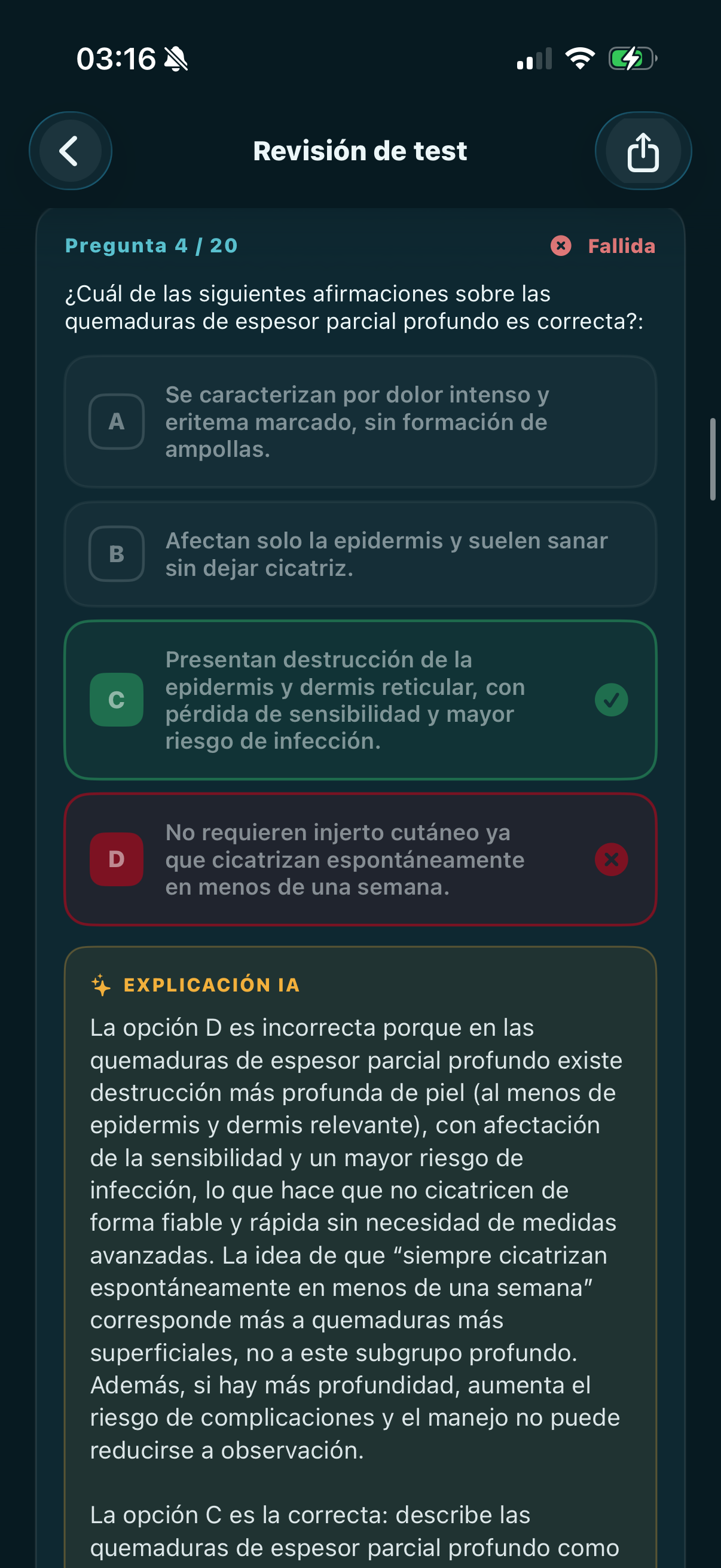 Revisión de test en modo oscuro